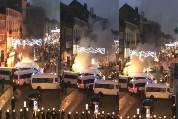 Chaos in Brussels, protesters burn police station after clashes with officers