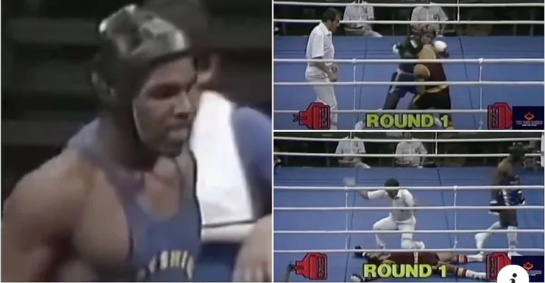 Photo d'un Mike Tyson boxe mech comme 15 ans knockouts pendant 10 secondes adversaire