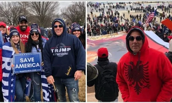 Who is the famous Albanian mobster at the top of pro Trump protest, dressed red and black
