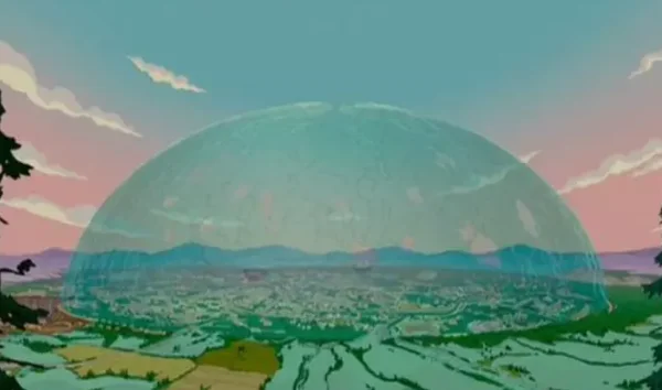 La città è coperta da una cupola di vetro, spaventata dalle previsioni spaventose di “Simpsons