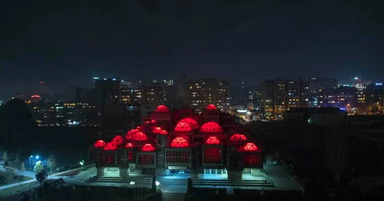 Kosovo National Library dressed in color of Albanian flag