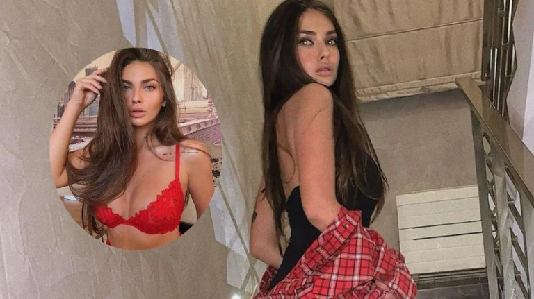 Beatrix Ramosaj takes mail from the camera in red underwear