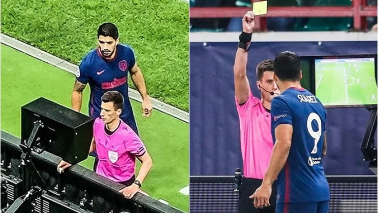 Suarez s'est approché du moniteur VAR, le juge l'a puni avec une carte jaune.