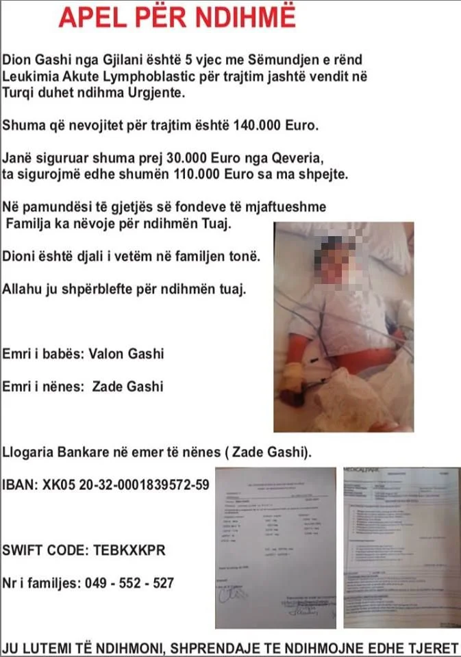 Se necesitan 600 euros adicionales para curar al bebé de Gjilan