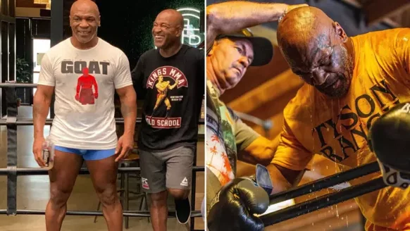 Mike Tyson shfaq muskujt gjatë një stërvitjeje rraskapitëse