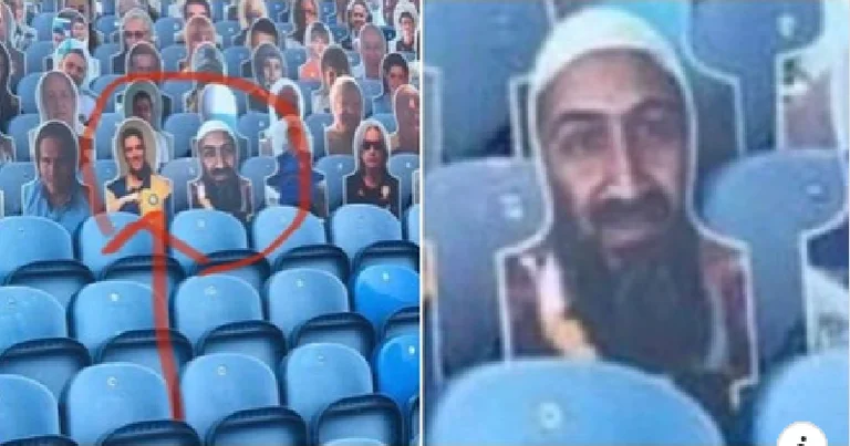 Osama Bin Laden negli stand per il gioco Leeds, club fuori dallo stadio non appena lo vede.