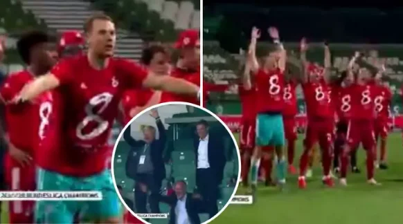 Pamje nga festa qesharake e Bayern Munichut pasi fitoi titullin mbrëmë në stadiumin e zbrazët
