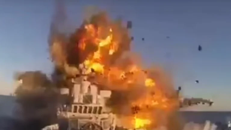 El momento en que un misil iraní golpea la nave militar
