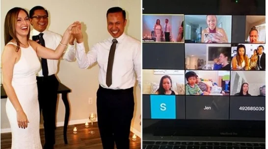 Le coronavirus ne les arrête pas: Le couple mariage à la maison, les amis, et les membres de la famille assistent en ligne