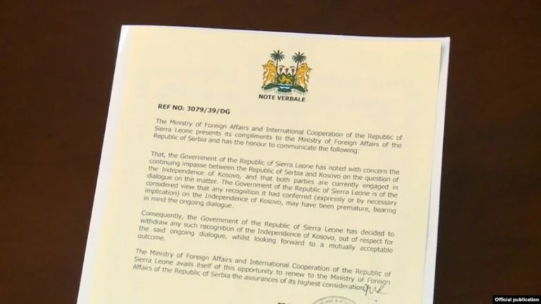 Serbian MPJ document to withdraw recognition of Kosovo from Sierra Leone