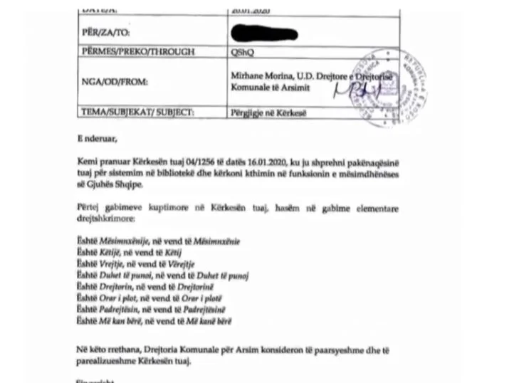 The Kamenica municipality makes a teacher of Albanian, wrote with many spelling errors