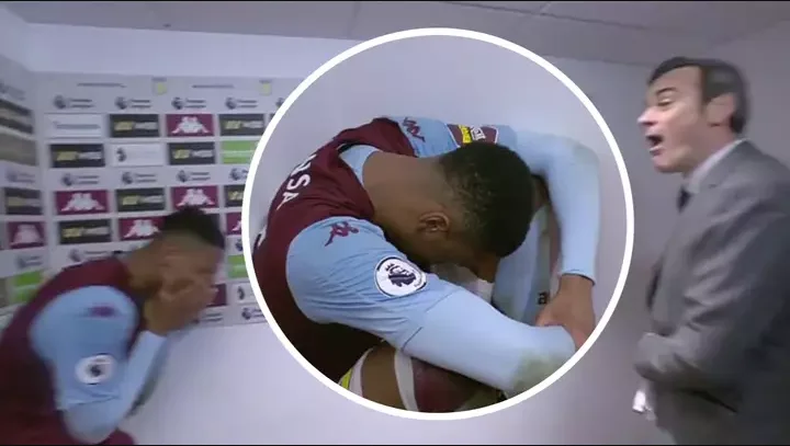 Ylli i Aston Villës shtrihet në tokë dhe shpërthen në lot kur reporteri i thotë se goli nuk u llogarit si i tij