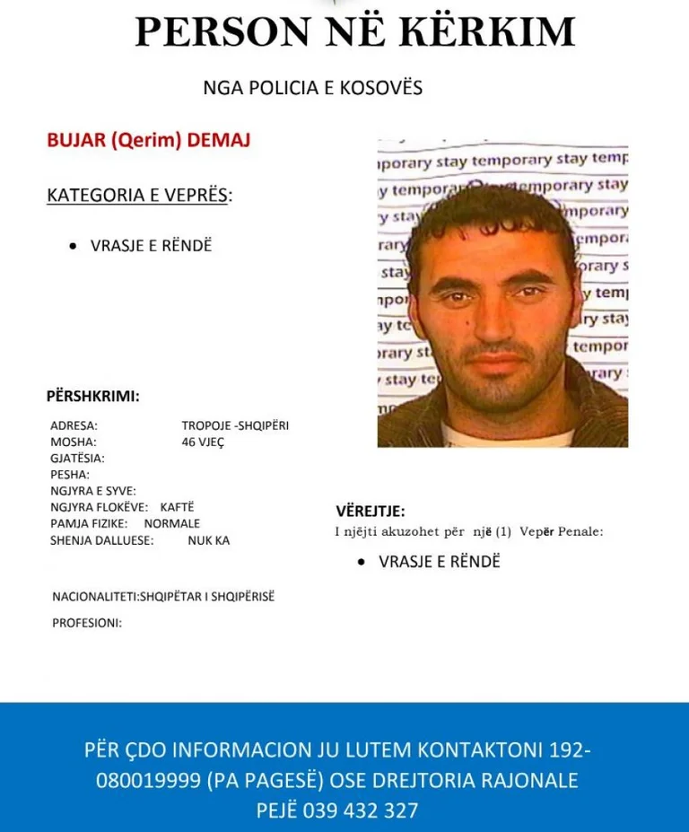 Policia – qytetarëve: Nëse e shihni këtë person na tregoni, dyshohet për vrasje