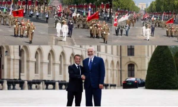 14. Juli Parade in Frankreich, Albanien Teil der Zeremonie mit roter Flagge