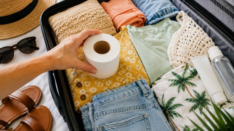 Why do experienced travelers place a roll of toilet paper in the suitcase